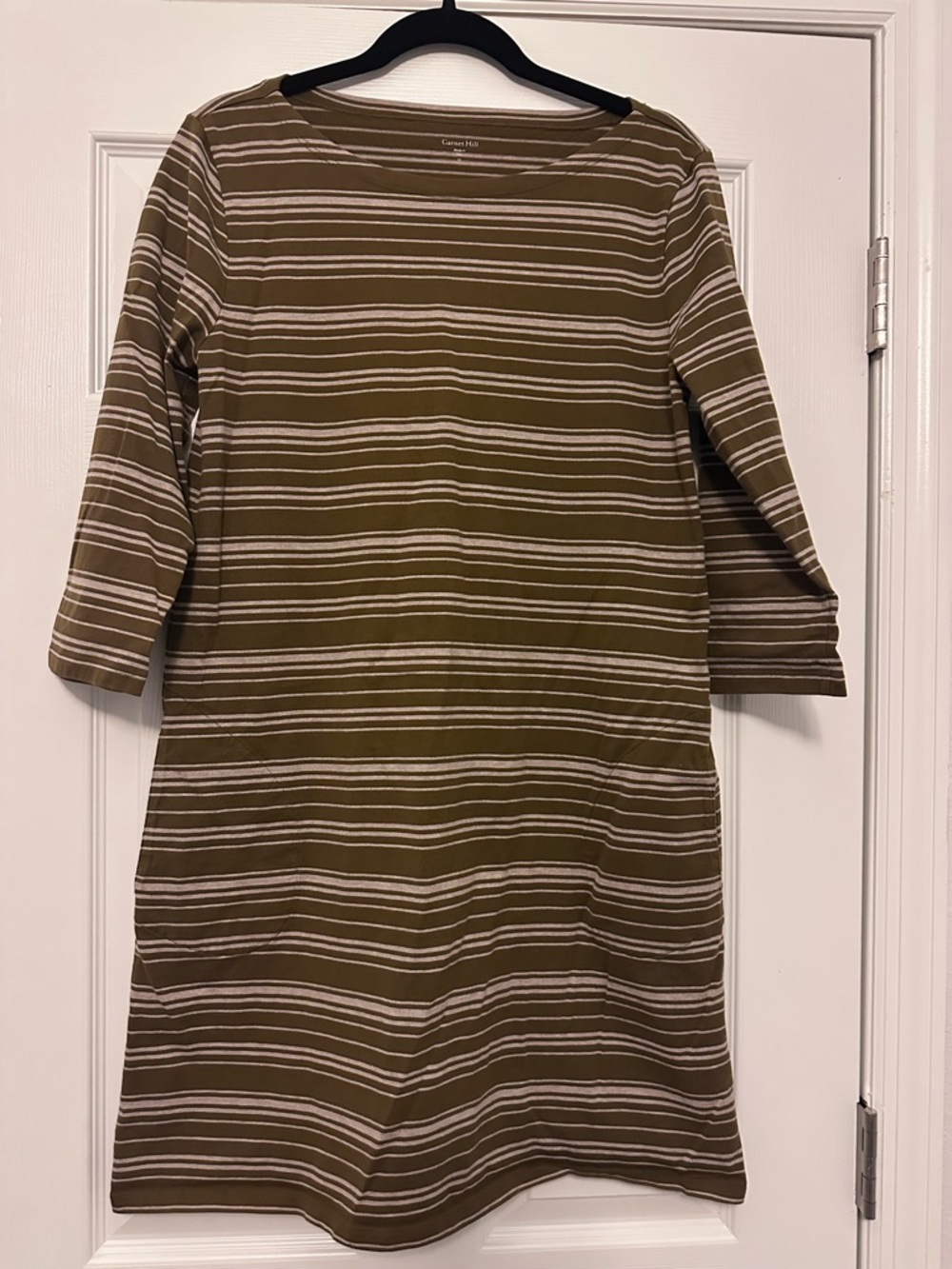 Garnet Hill Olive  Striped 3/4 Sleeve Shift Dress - 100% Pima Cotton - Size 12